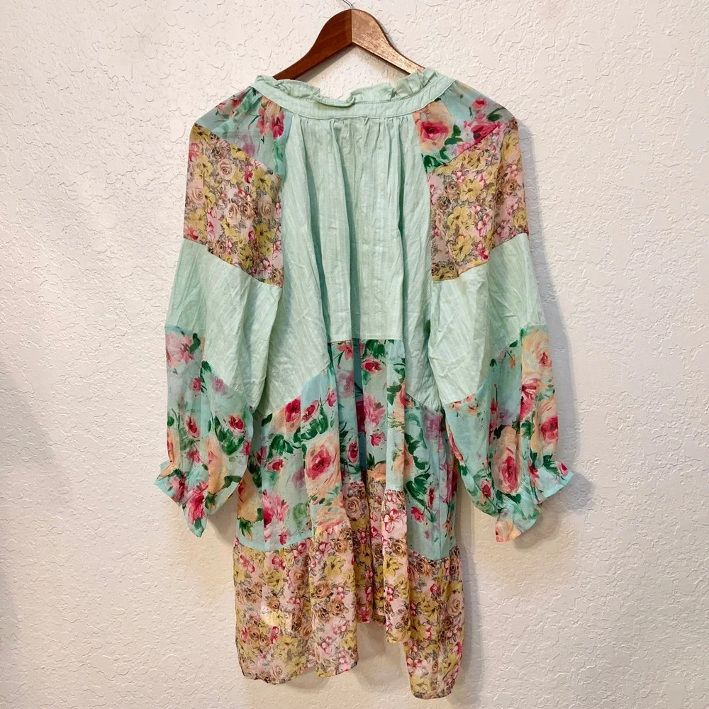 Gigio USA Floral Patchwork Tunic Top Green Boho Ruffle Blouse Medium Sheer - Picture 8 of 8